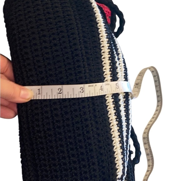 THE SAK Hobo Crochet Knit Bag Black white Striped pink flower Tassel Purse Charm - Picture 10 of 12